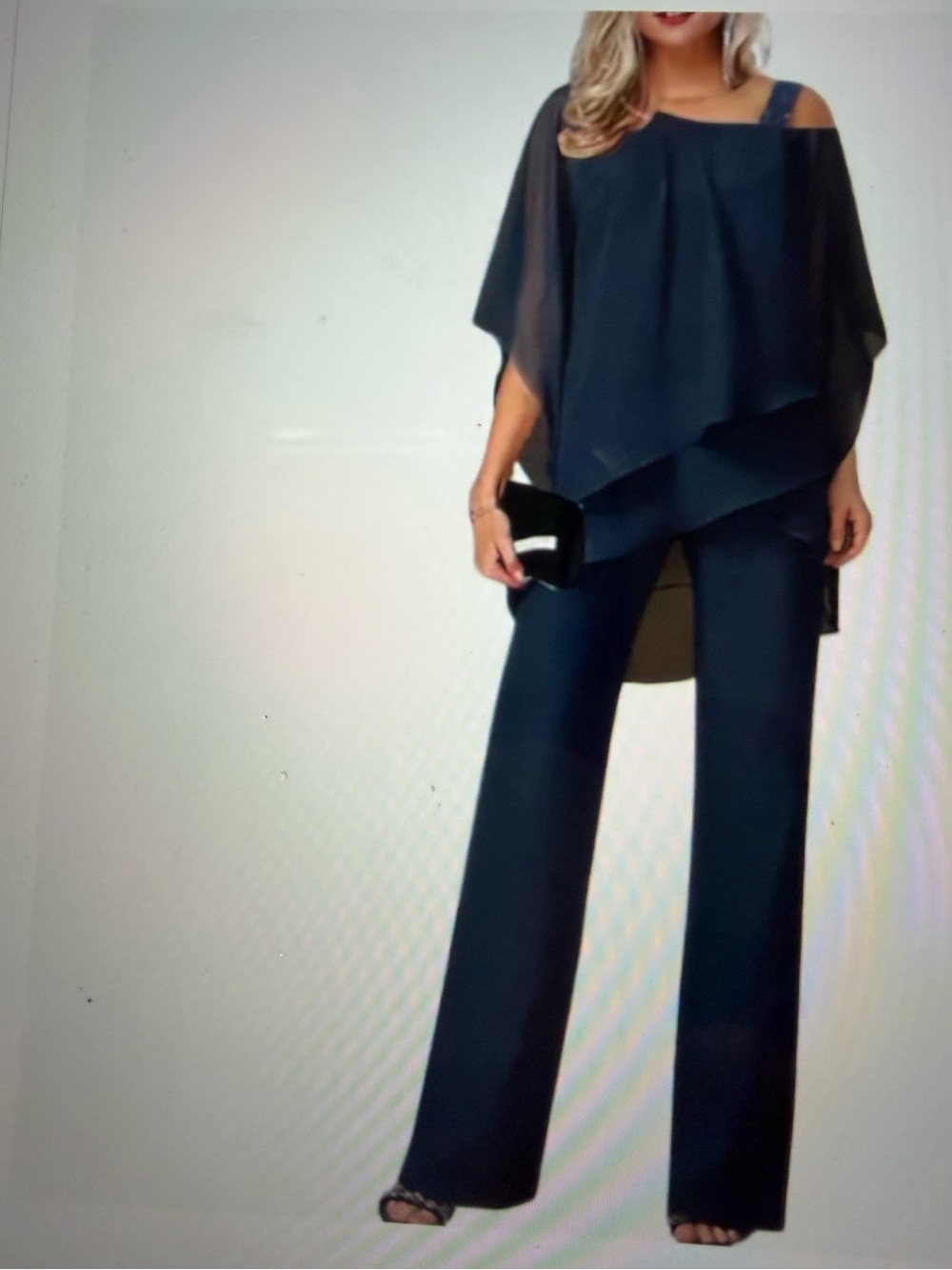 Navy Wide-Leg Pantsuit with Chiffon Overlay